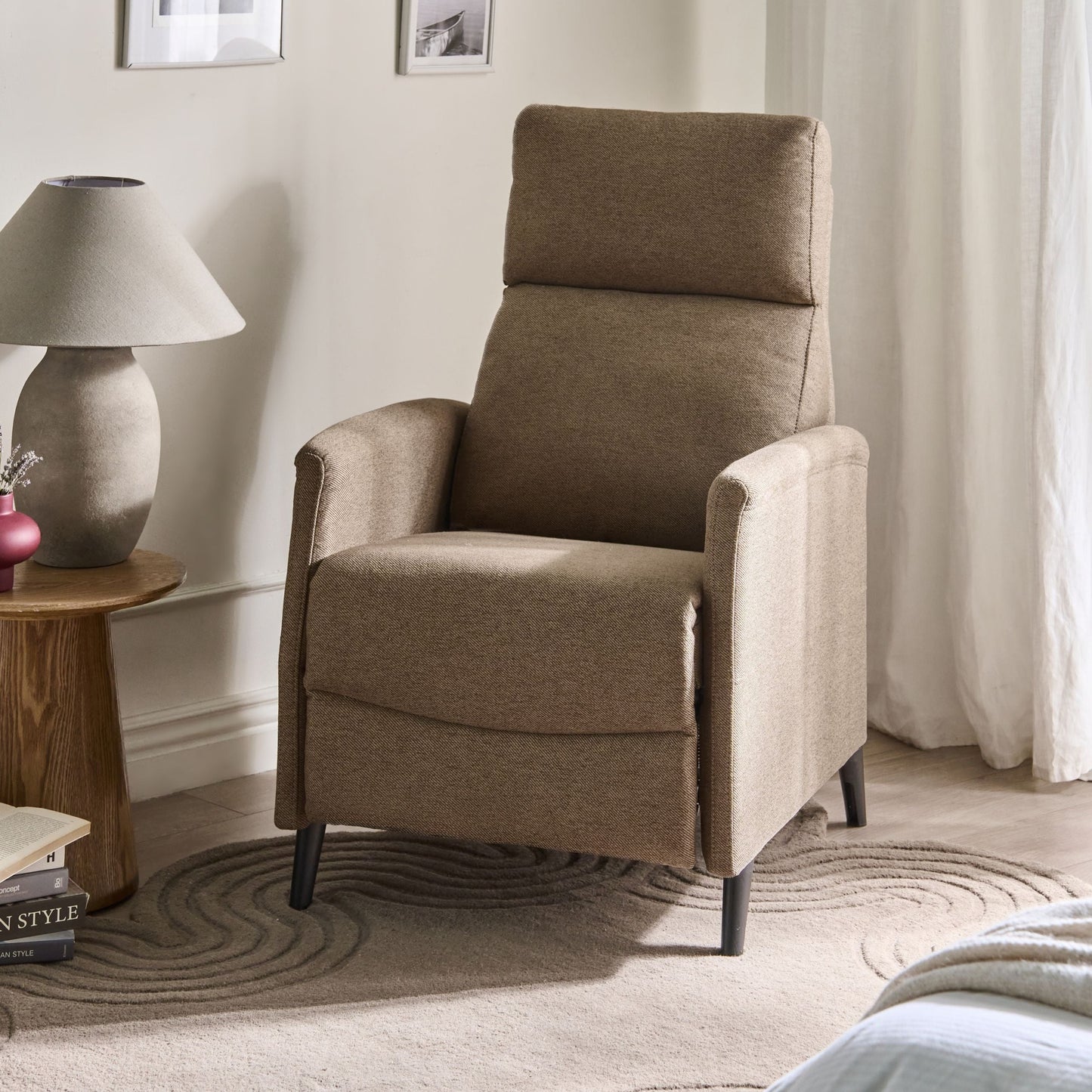 Brown Fabric Retro Recliner Chair Manual Push-Back 3-Position