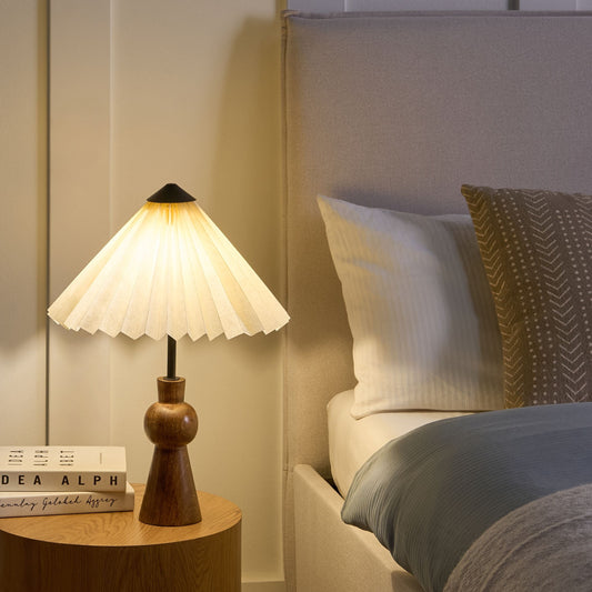 Table Lamp Beige Paper Shade Mango Wood Base