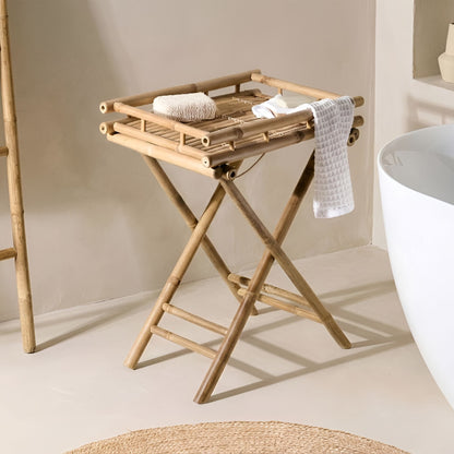 Bathroom Side Table Folding Tray Natural Bamboo