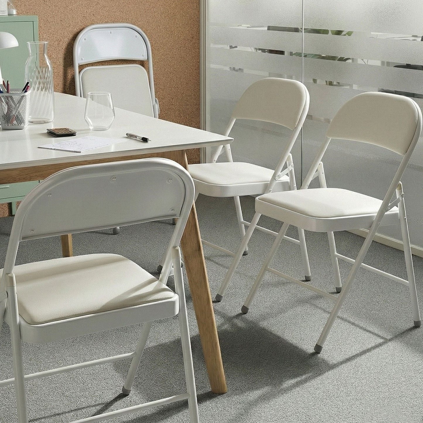 Four Pack Folding Chairs White Metal Frame Padded PU