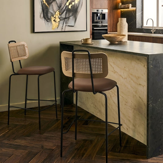 Bar Chairs Set Of 2 Brown Faux Leather With PE Rattan Back