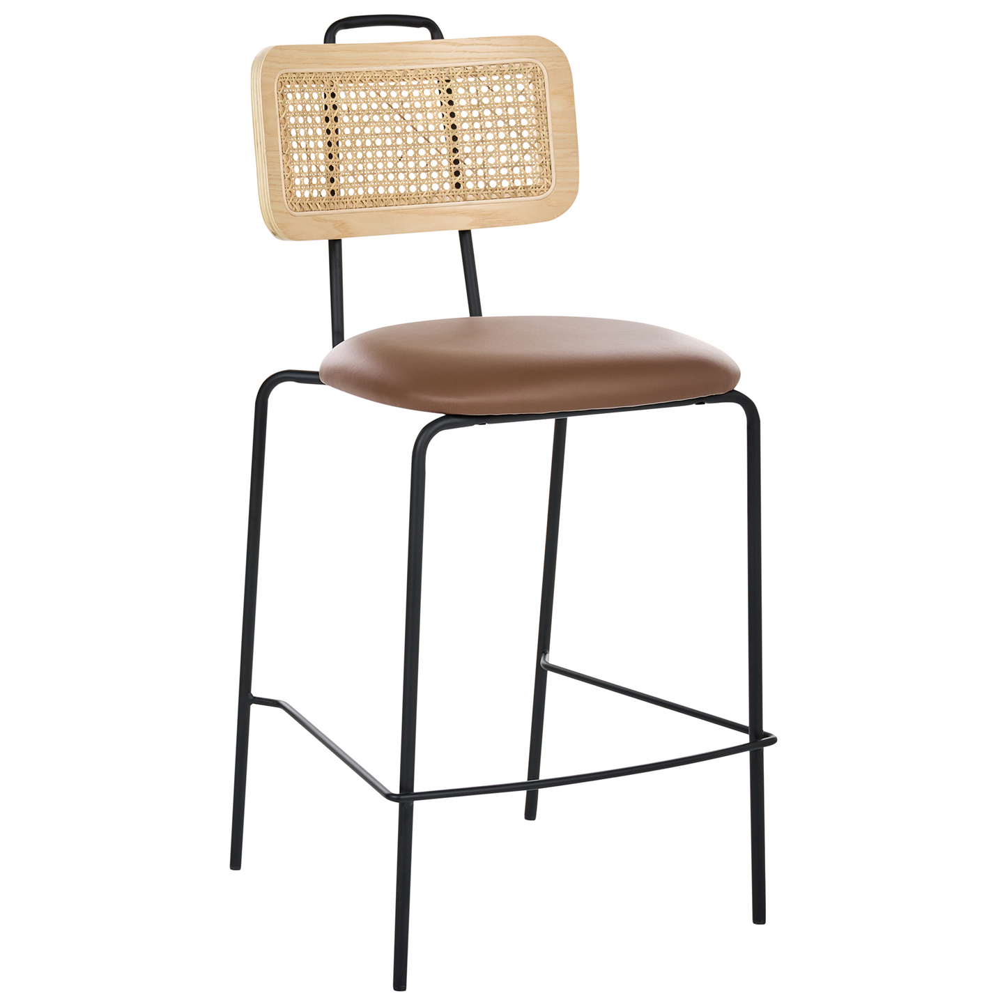 Bar Chairs Set Of 2 Brown Faux Leather With PE Rattan Back