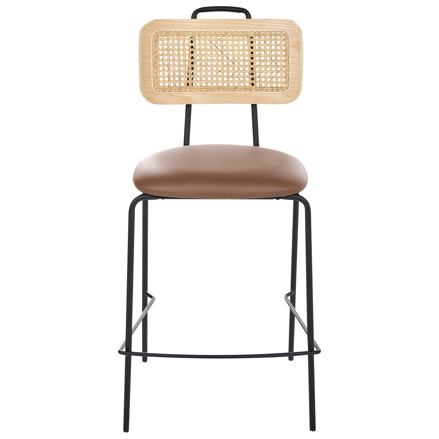 Bar Chairs Set Of 2 Brown Faux Leather With PE Rattan Back