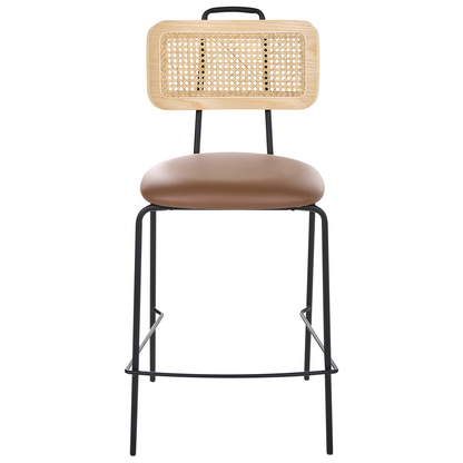Bar Chairs Set Of 2 Brown Faux Leather With PE Rattan Back