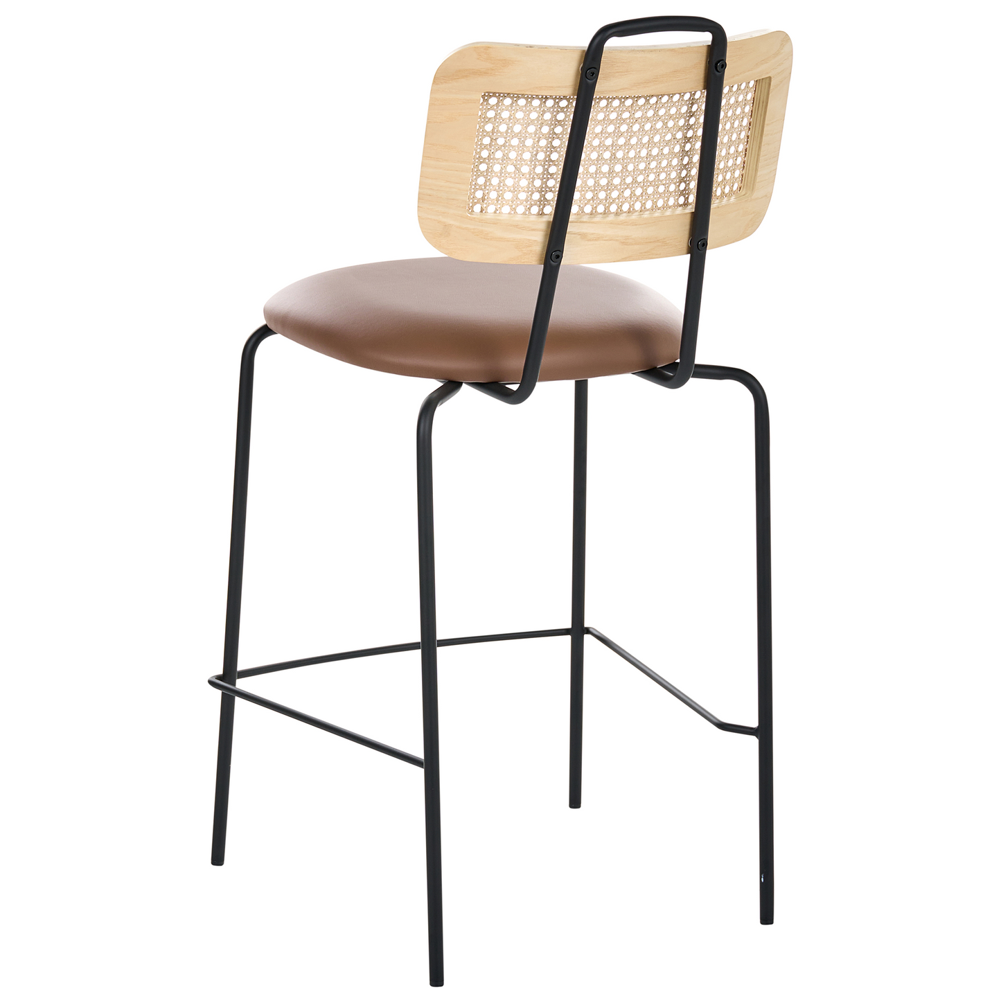 Bar Chairs Set Of 2 Brown Faux Leather With PE Rattan Back