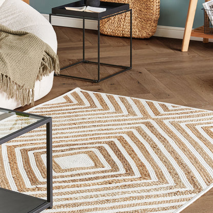 Geometric Beige Cotton Jute Area Rug 140 x 200cm