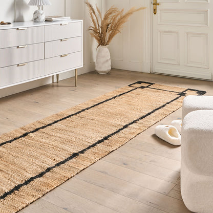 Beige and Black Jute Runner Rug 80 x 300cm with Pattern Rectangular Rustic Woven