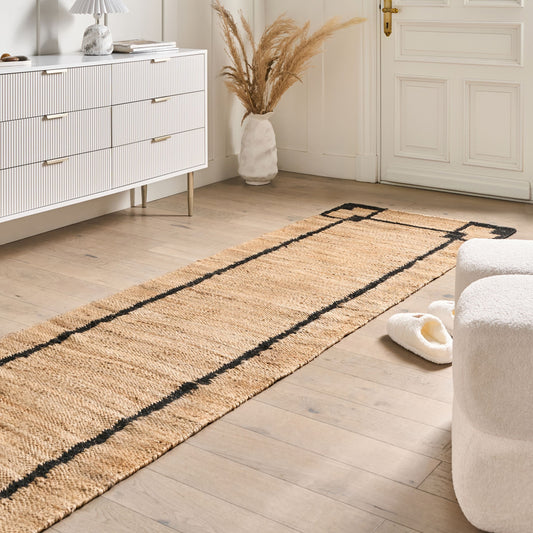 Beige and Black Jute Runner Rug 80 x 300cm with Pattern Rectangular Rustic Woven