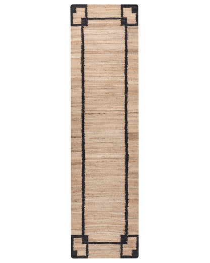 Beige and Black Jute Runner Rug 80 x 300cm with Pattern Rectangular Rustic Woven