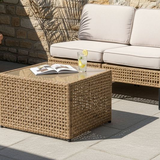 Outdoor Coffee Table Beige Glass Top PE Rattan 66 x 66cm