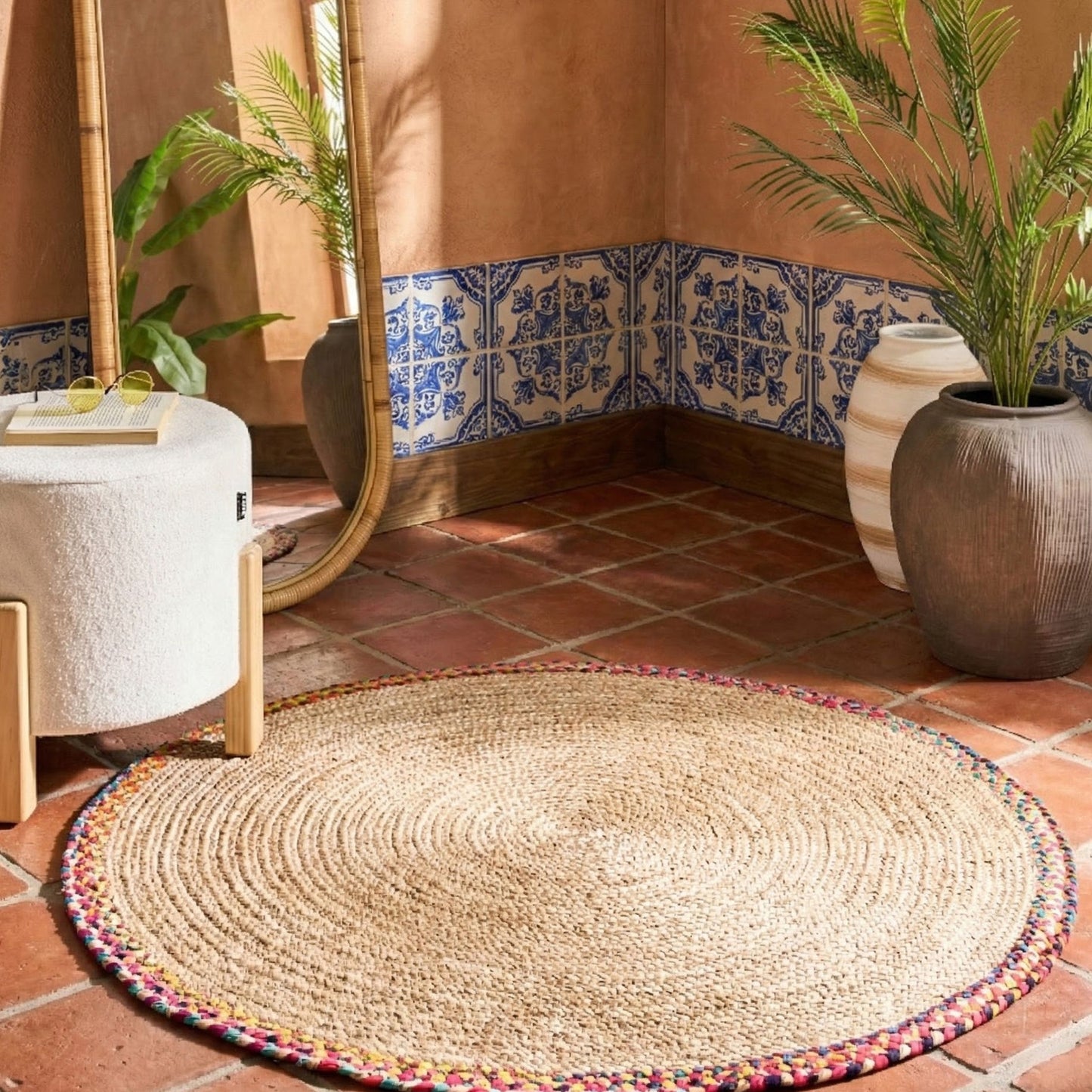Jute Round Area Rug Multicolour With Colourful Border 120cm