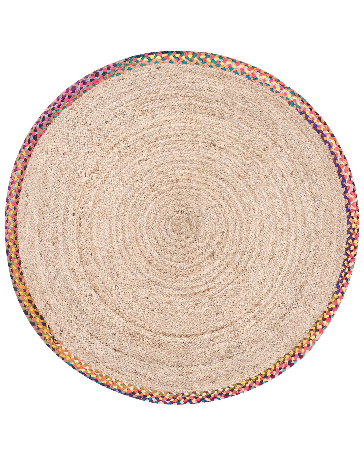 Jute Round Area Rug Multicolour With Colourful Border 120cm