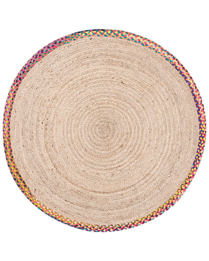 Jute Round Area Rug Multicolour With Colourful Border 120cm