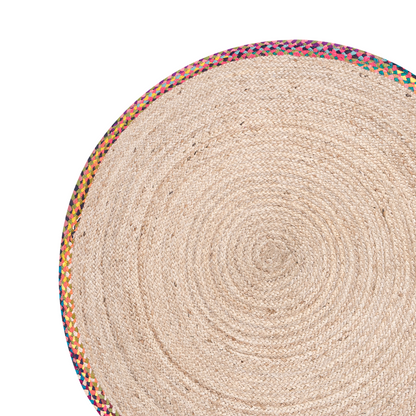 Jute Round Area Rug Multicolour With Colourful Border 120cm