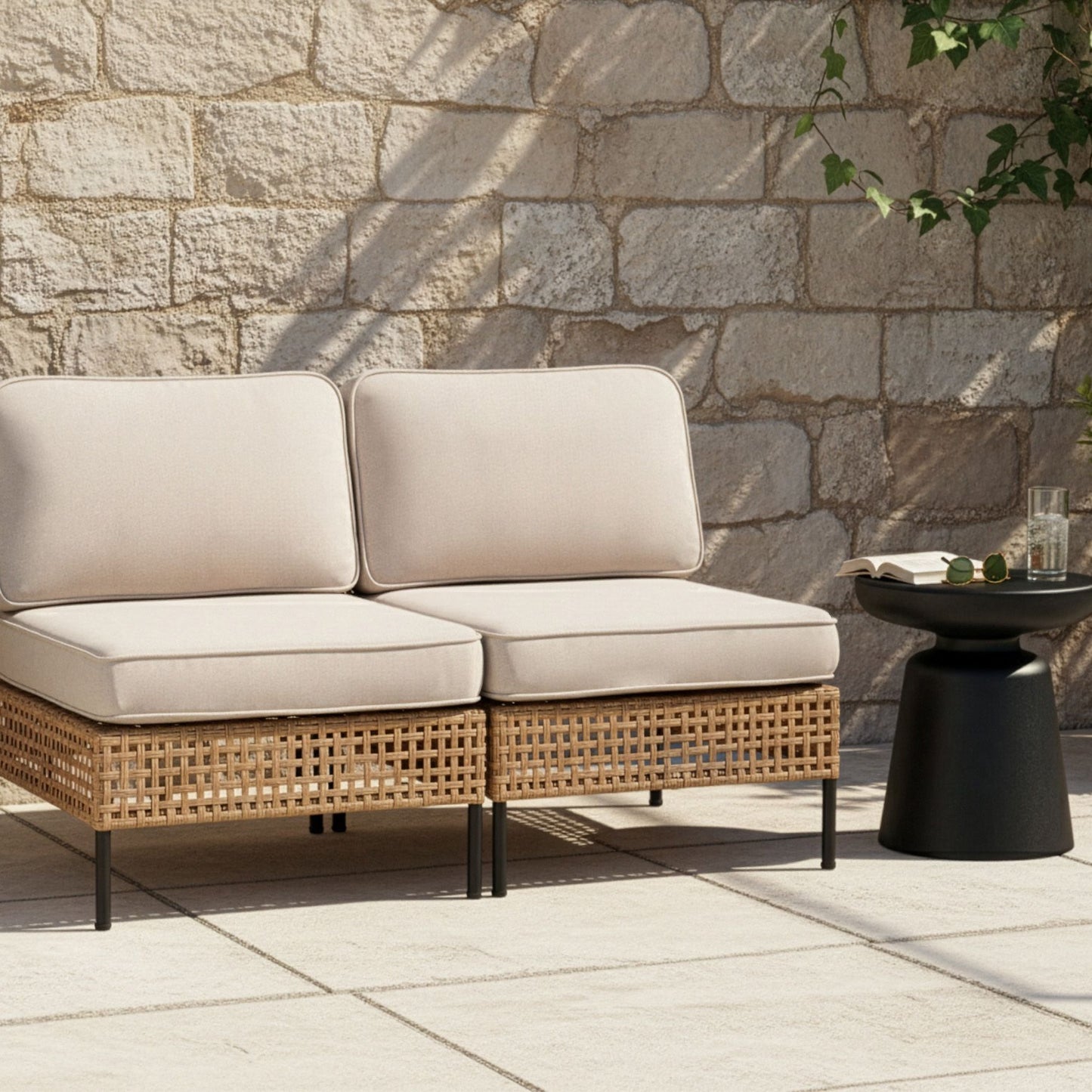 Outsunny Outdoor 2 Seater Beige PE Rattan Sofa With Cushions