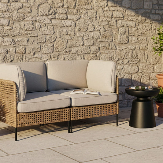 Outdoor 2 Seater Beige PE Rattan Metal Frame Sofa Cushions