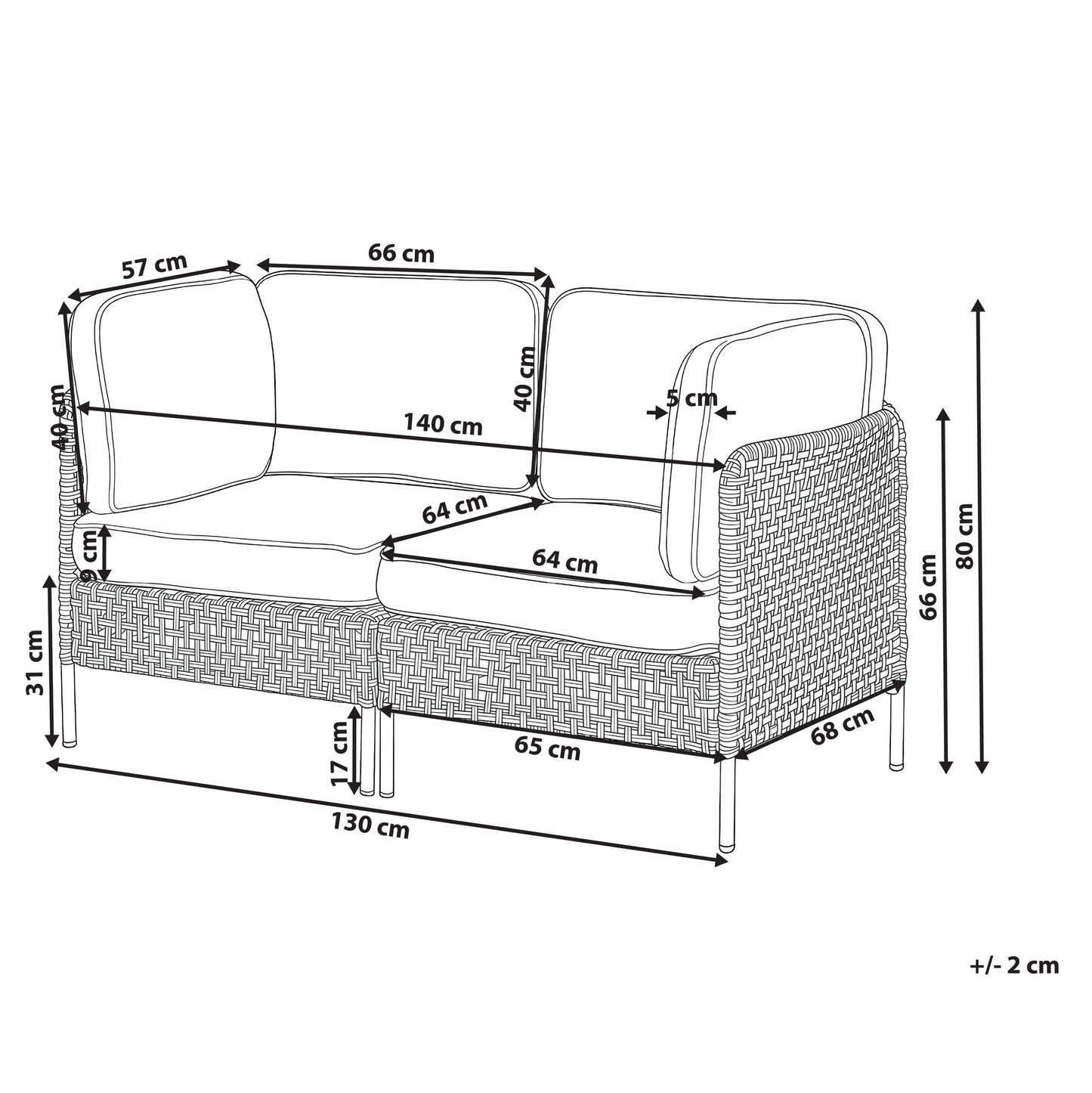 Outdoor 2 Seater Beige PE Rattan Metal Frame Sofa Cushions