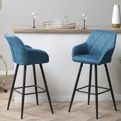 Name Blue Bar Stool Set 2 With Padded Back And Black Metal Legs