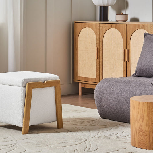 White Boucle Pouffe With Storage Iron Legs Ottoman