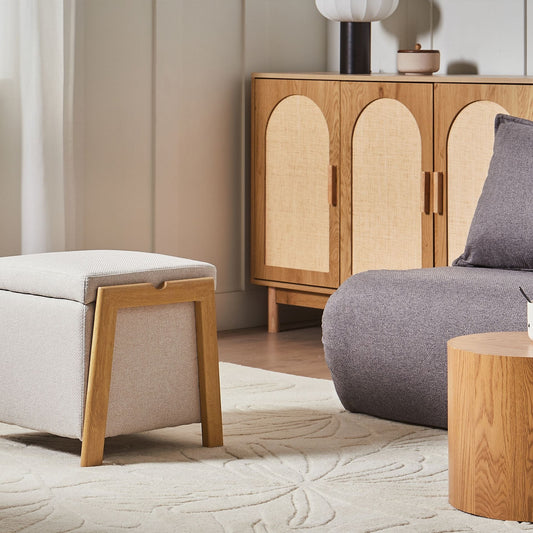 Retro Pouffe With Hidden Storage In Light Beige Fabric