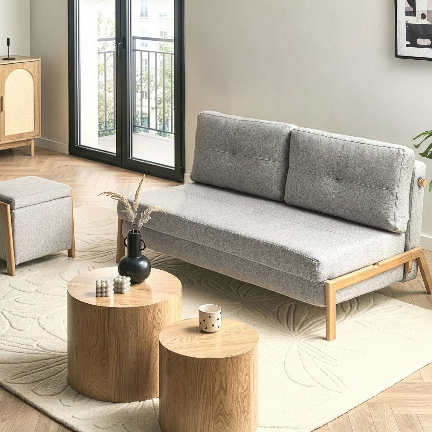Sofa And Pouffe Set Light Grey With Storage And Sleep