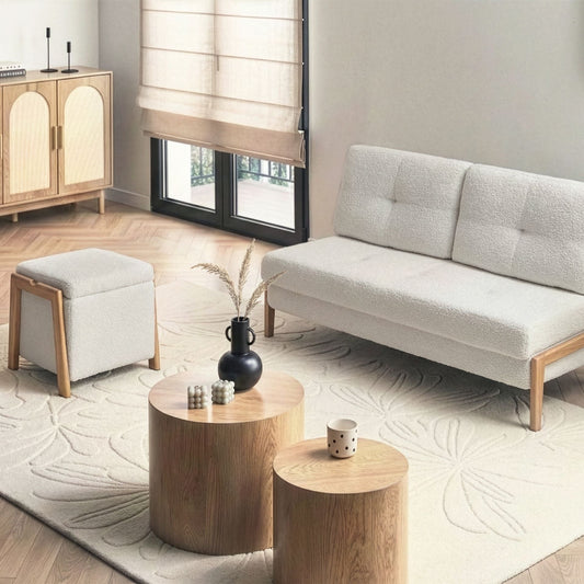 Sofa and Pouffe Set White Boucle Iron Legs Sleeper