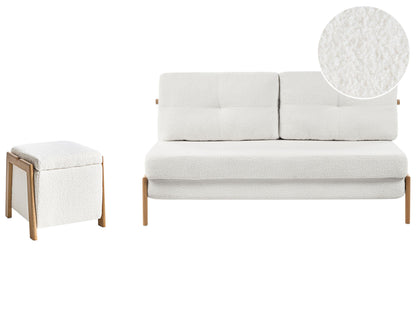 Sofa and Pouffe Set White Boucle Iron Legs Sleeper