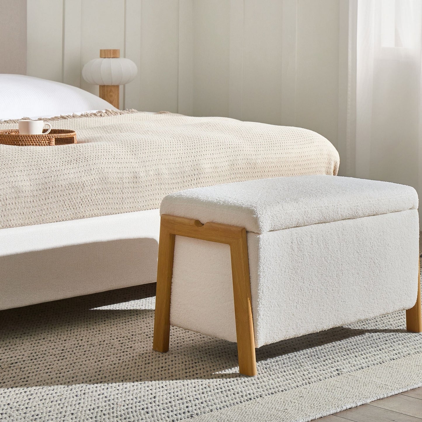 Storage Bench White Boucle Upholstery With Integrated Iron Leg Storage For Living Room And Bedroom