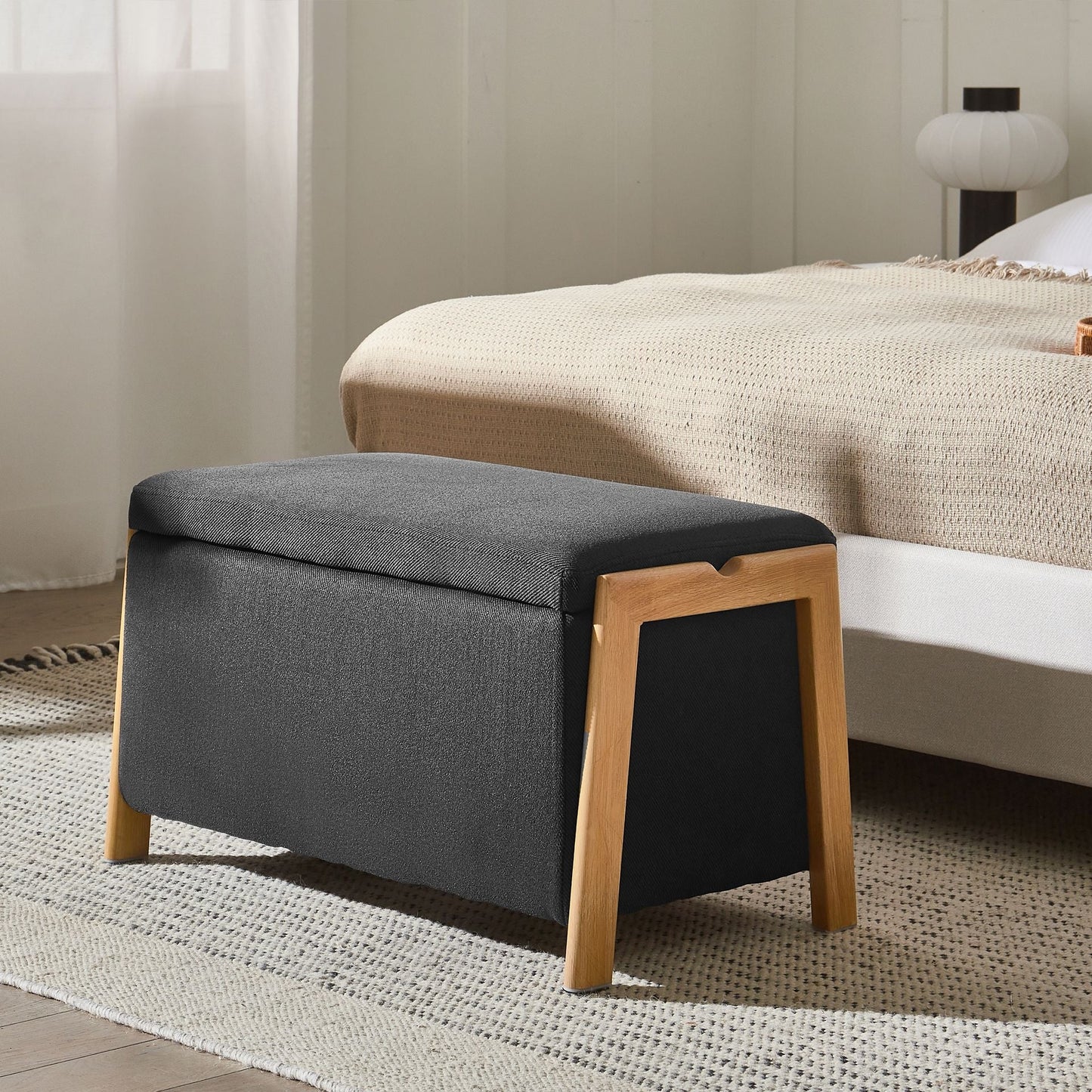 Storage Bench Black Fabric Upholstery With Hidden Storage