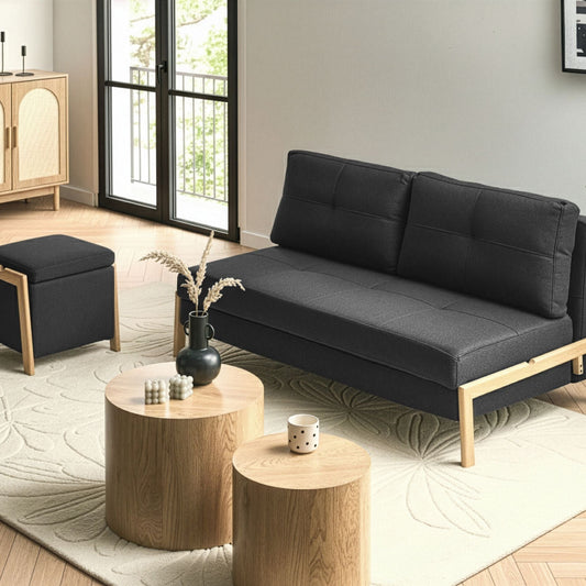 Sofa And Pouffe Set Black Fabric Iron Legs Sleep Function