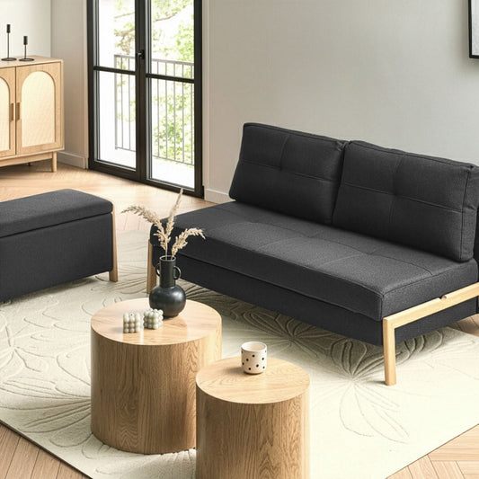 Black Fabric Sofa and Bench Set Sleeper With Iron Legs