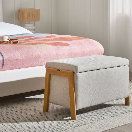 Storage Bench Light Beige Fabric Upholstery With Hidden Storage And Modern Design