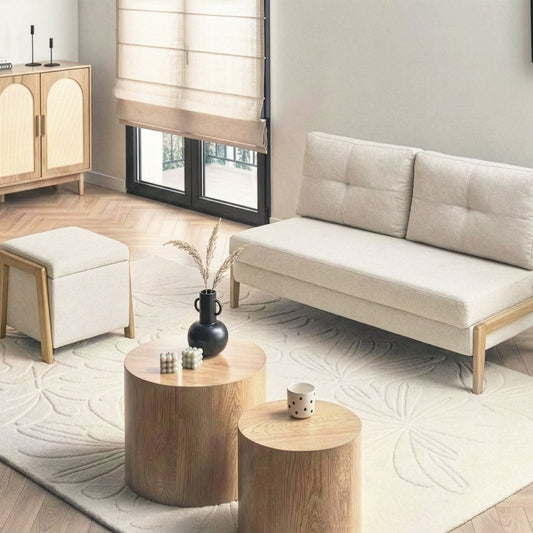 Haven Living Beige Sofa And Pouffe Set With Hidden Storage And Sleep Function On Iron Legs