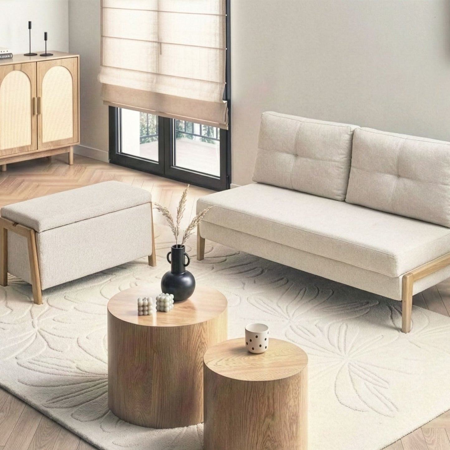 Sofa Bench Set Beige Fabric With Iron Legs Sleep Function