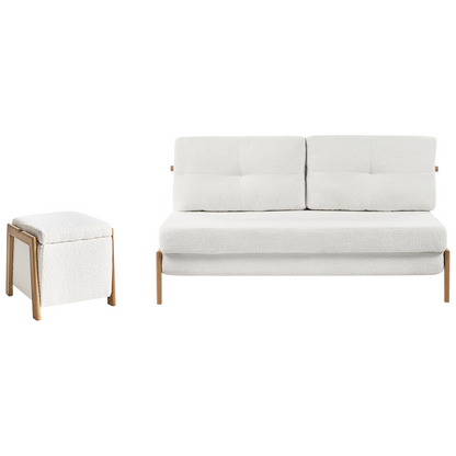 Sofa and Pouffe Set White Boucle Iron Legs Sleeper