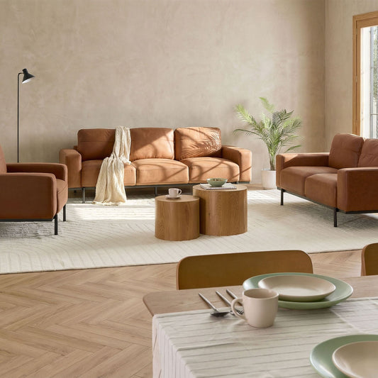 6 Seater Brown Faux Leather Sofa Set With Metal Legs