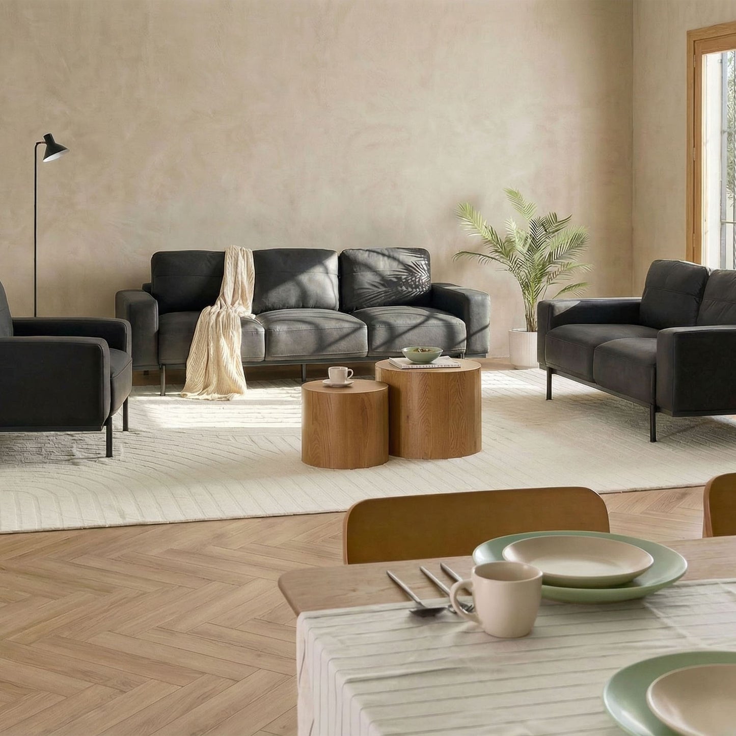 Home Black Faux Leather 6 Seater Living Room Set With Armchair