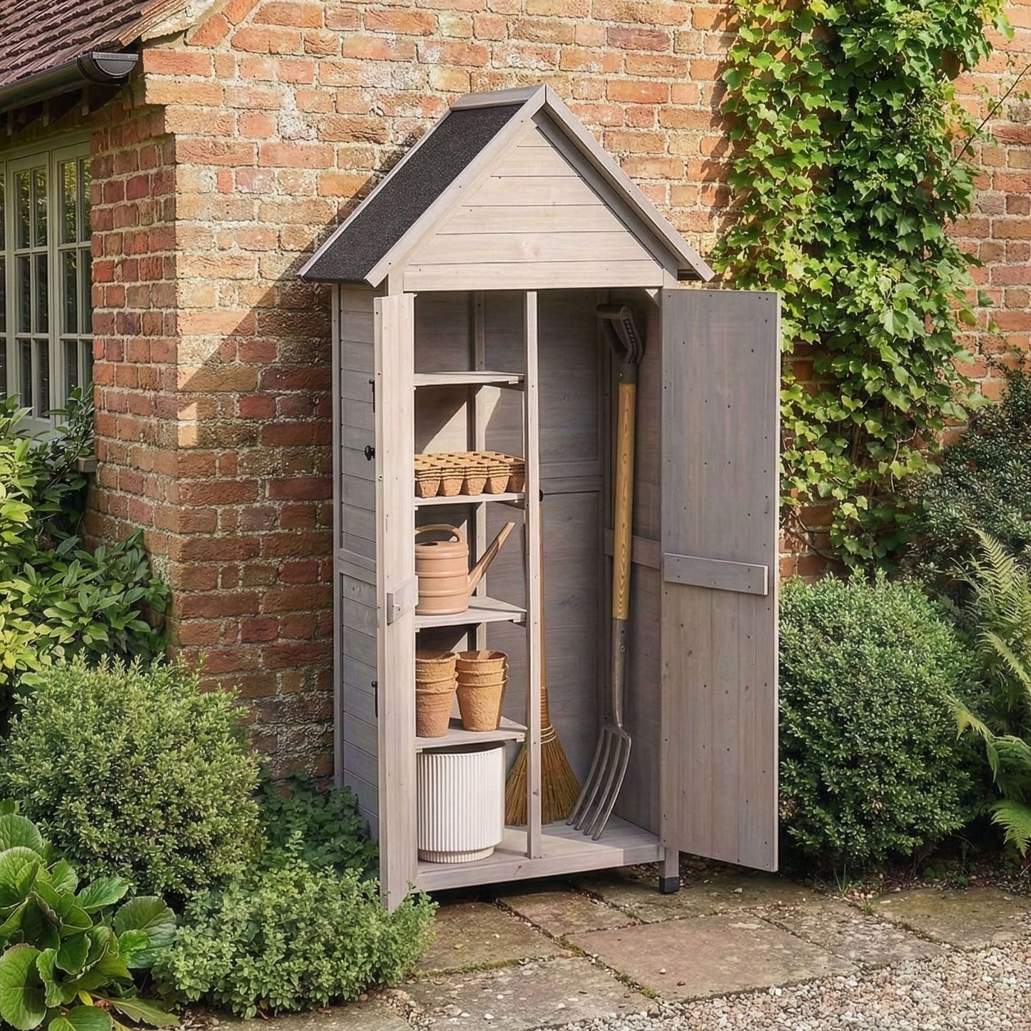 All Weather Outdoor Garden Shed Storage Grey Fir Wood Doors