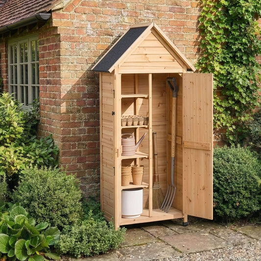Outdoor Garden Shed Natural Fir Wood With Double Doors And Shelves All Weather Storage
