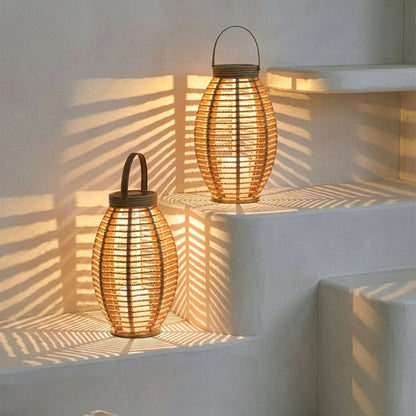 Natural Hemp Outdoor LED Lanterns Set of 2 Solar Powered