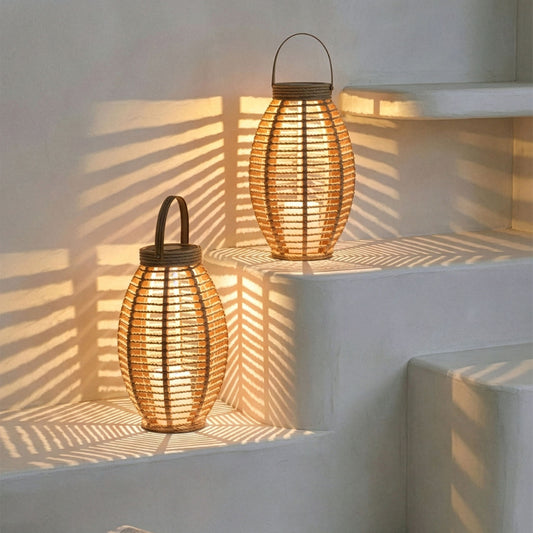 Natural Hemp Outdoor LED Lanterns Set of 2 Solar Powered