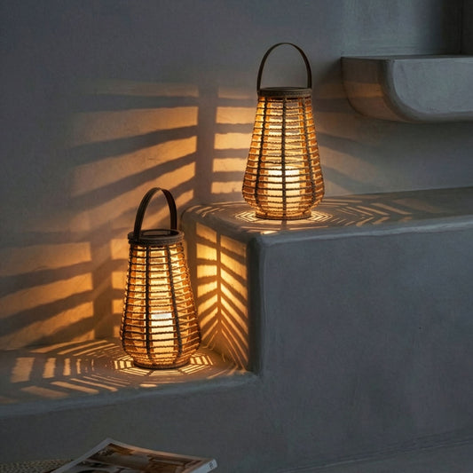Hemp LED Lanterns Set Of 2 Solar-Powered Boho Outdoor