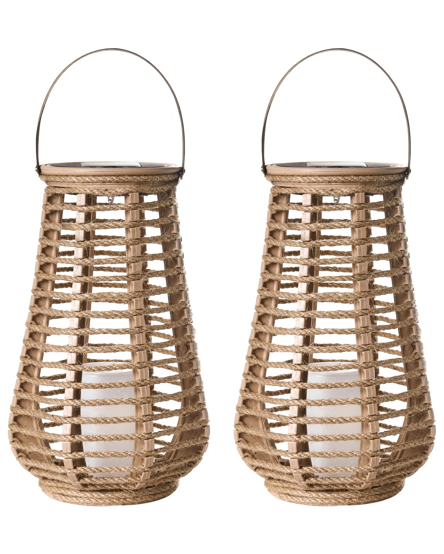 Hemp LED Lanterns Set Of 2 Solar-Powered Boho Outdoor