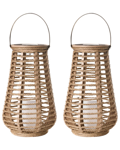 Hemp LED Lanterns Set Of 2 Solar-Powered Boho Outdoor