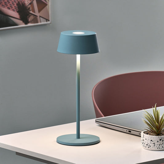 Wireless Table Lamp Blue Metal Indoor Outdoor USB C Port Rechargeable With Touch 3 Color Temperatures