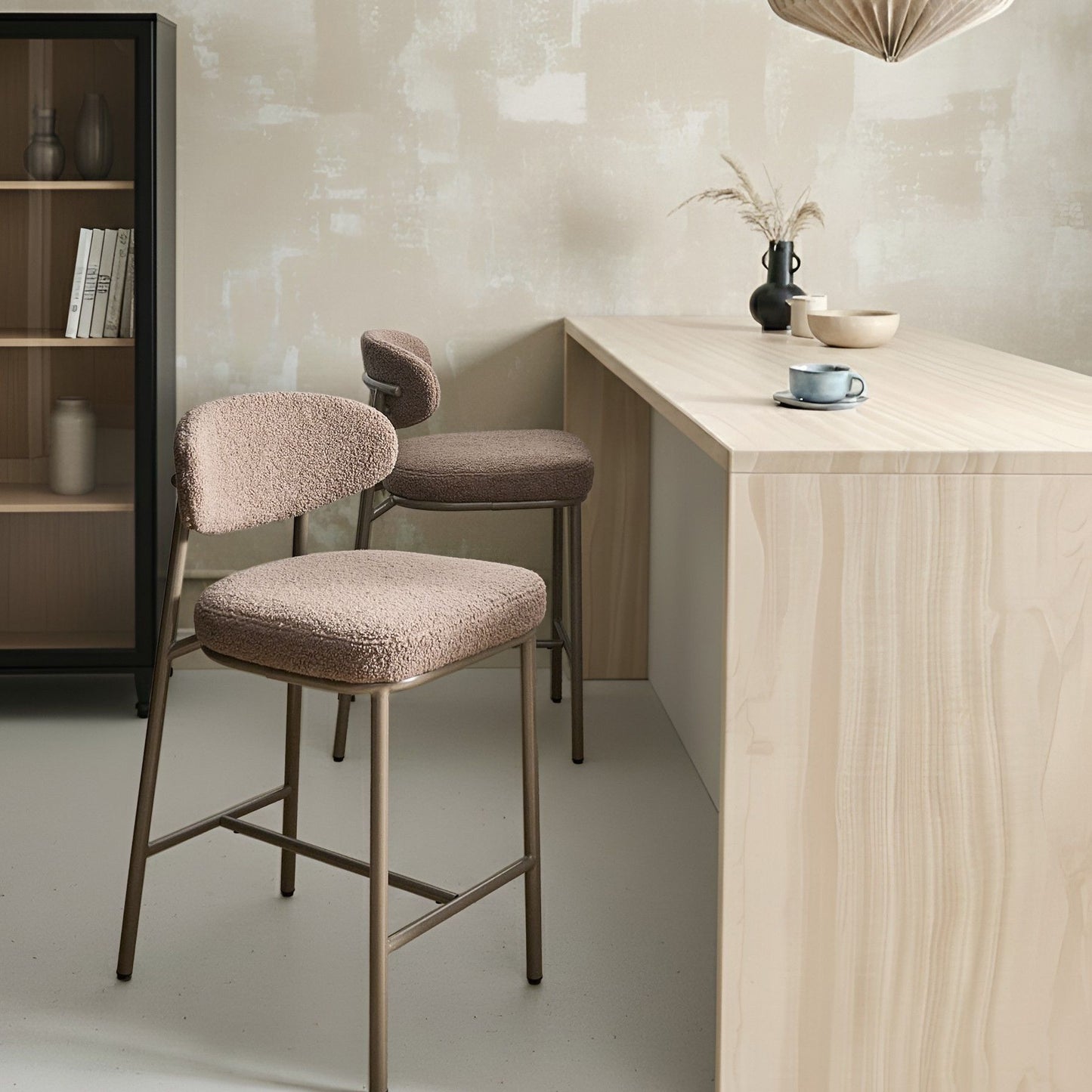 Taupe Boucle Bar Chairs Set Armless Iron Legs Retro Dining