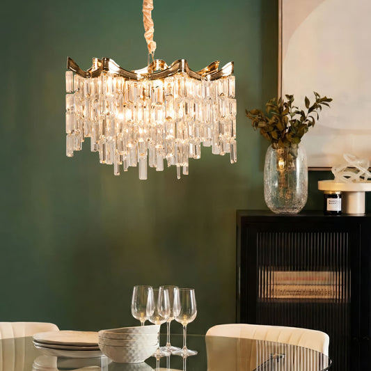 Glamour Gold Chandelier With Iron Frame And Acrylic Faux Crystals, Tiered Design, Shimmering Elegance
