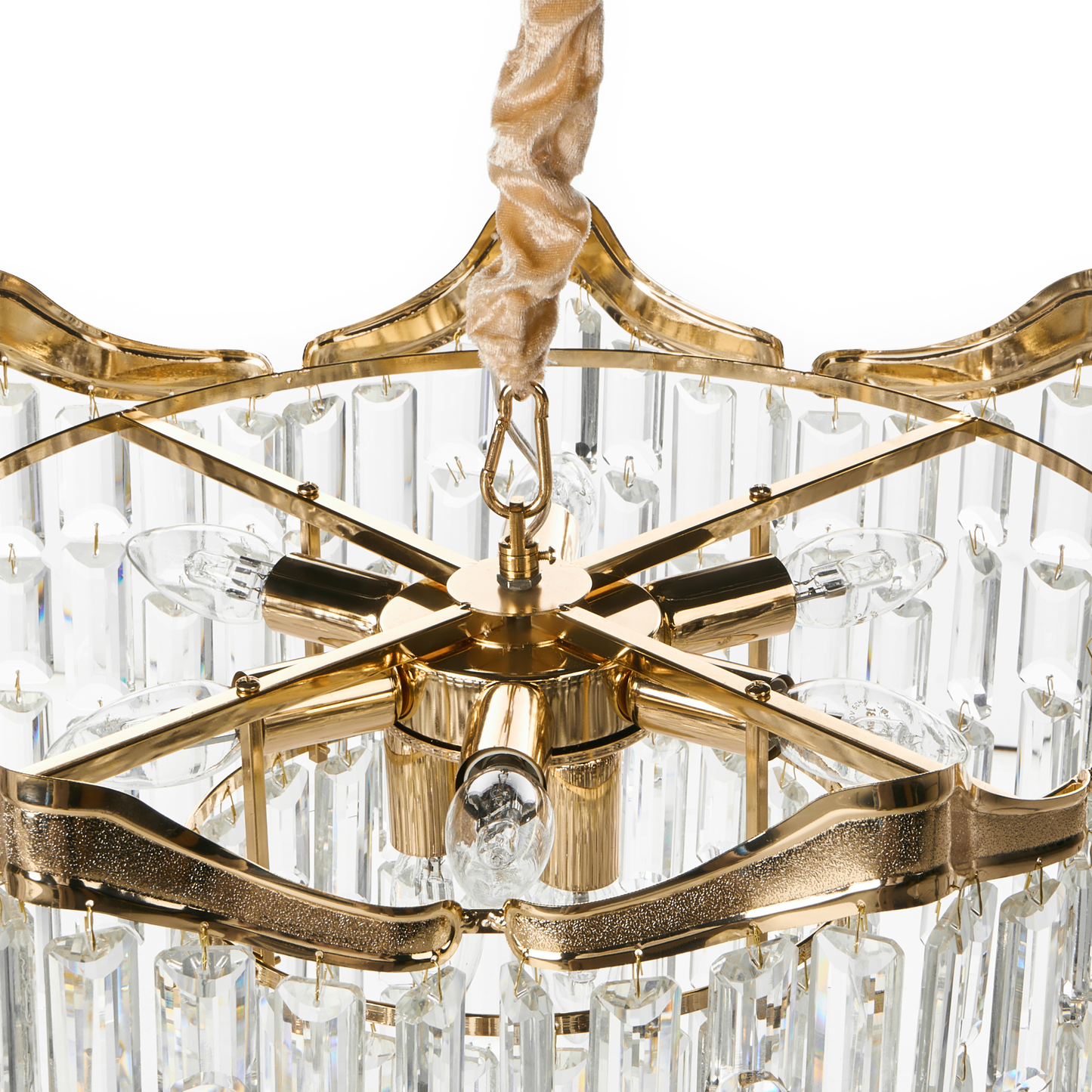 Glamour Gold Chandelier With Iron Frame And Acrylic Faux Crystals, Tiered Design, Shimmering Elegance