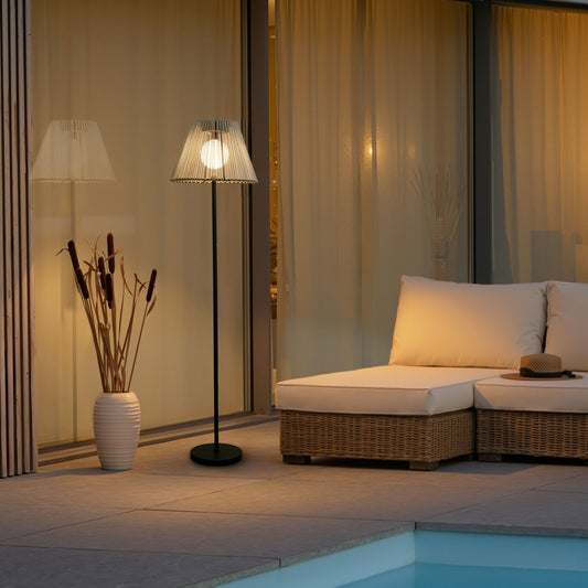 Outdoor Solar Floor Lamp Grey String Wrapped Shade