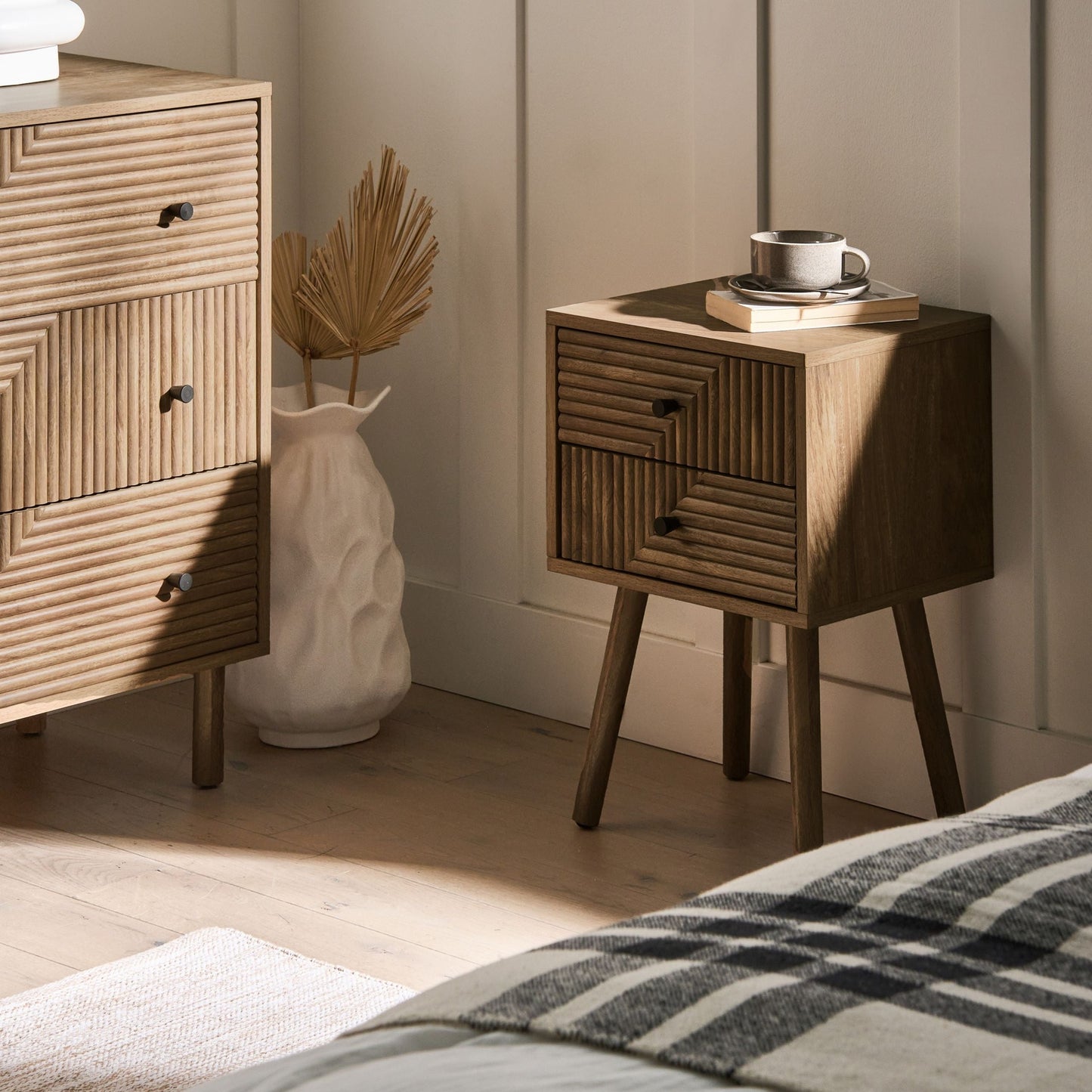 NordicNest Bedside Table Two Drawers Light Brown MDF Pine Wood Legs